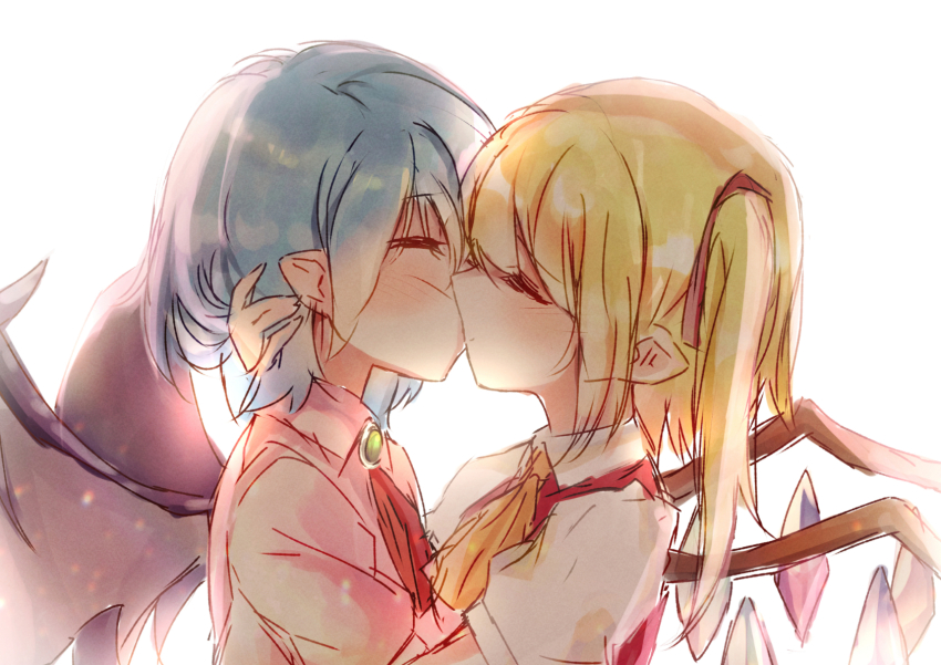 2girls, ascot, bat_wings, blonde_hair, blue_hair, brooch, crystal, crystal_wings, flandre_scarlet, highres, incest, jewelry, kiss, kutabiretainu, multiple_girls, one_side_up, pointy_ears, puffy_short_sleeves, puffy_sleeves, red_ascot, remilia_scarlet, shirt, short_sleeves, siblings, sisters, touhou, vampire, white_background, white_shirt, wings, yellow_ascot, yuri