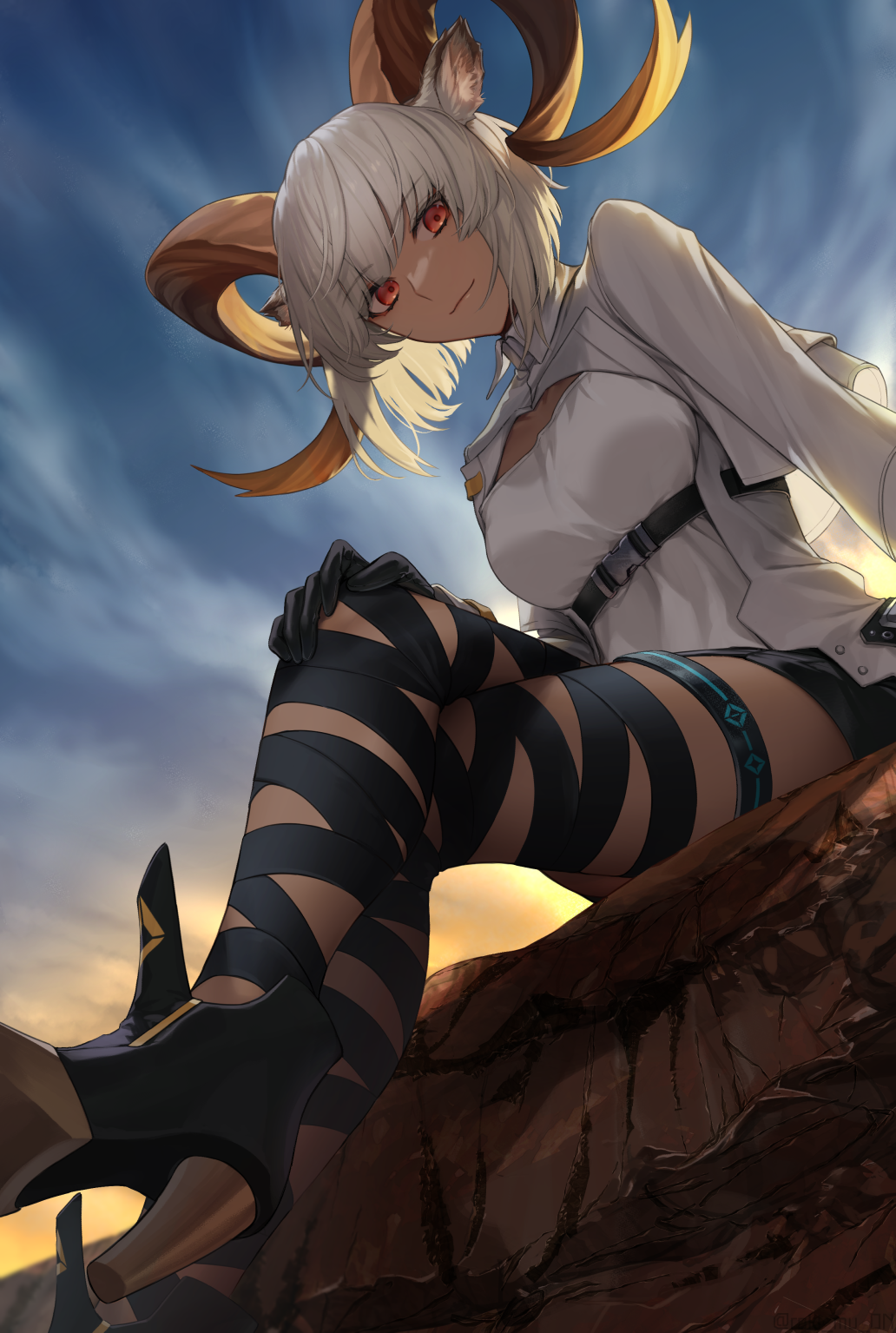 1girl, animal_ears, arknights, arm_support, belt, black_belt, black_footwear, black_gloves