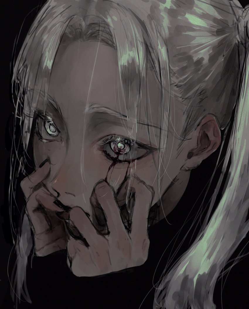 1girl, akuta_vi, black_nails, blood, blood_on_face, bloody_tears, grey_eyes, hair_strand
