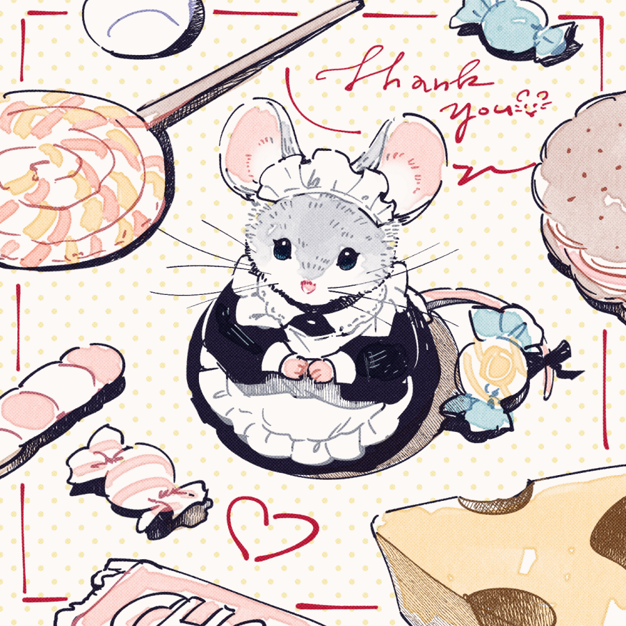 animal_focus, apron, blue_eyes, candy, chocolate, commentary_request, conago2, dress, english_text, food, heart, lollipop, long_dress, long_sleeves, looking_at_viewer, maid, maid_apron, maid_headdress, mouse_(animal), no_humans, original, speech_bubble, thank_you