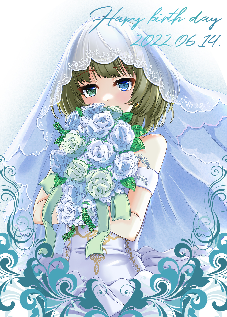 1girl, blue_eyes, blush, bouquet, bridal_veil, bride, dress, earrings