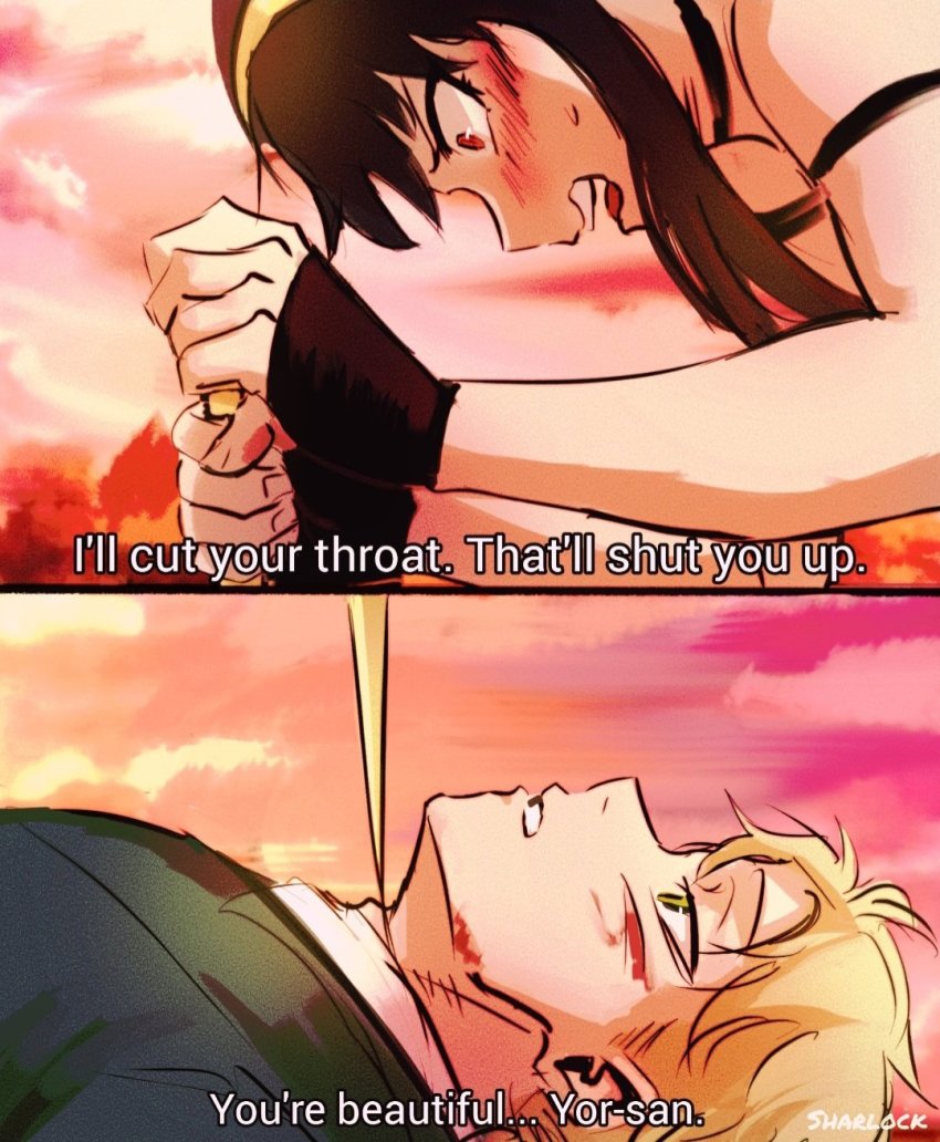 1boy, 1girl, alternate_universe, artist_name, black_hair, blonde_hair, blood, blood_on_face