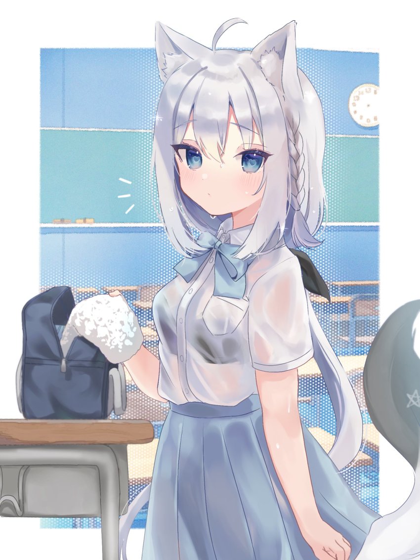 1girl, ahoge, animal_ear_fluff, animal_ears, ao_kotoha, bag, black_bow, black_bra