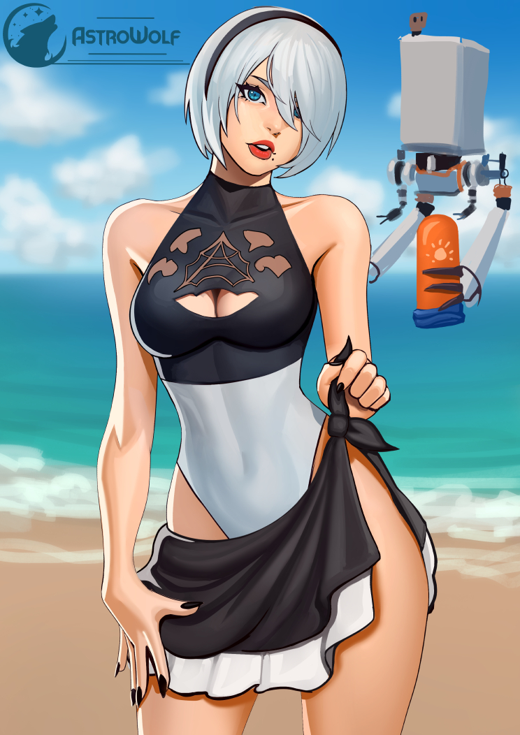 1girl, 2b_(nier:automata), artist_logo, artist_name, astrowolf, bare_shoulders, beach, black_nails