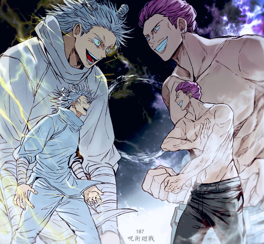 2boys, electricity, facial_hair, forehead, hakari_kinji, highres, jujutsu_kaisen, kashimo_hajime