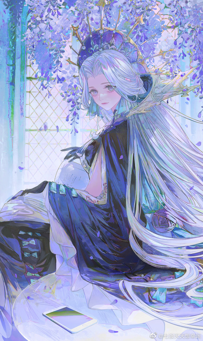 1girl, catherine_(juedui_yanyi), clothing_cutout, dress, falling_petals, flower, hair_ornament, hair_spread_out, juedui_yanyi, long_hair, petals, qi_du_tiantian_xiang_xingyun, side_cutout, sitting, smile, solo, table, upper_body, white_hair, window, wisteria