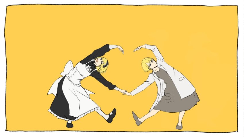 1boy, 1girl, behemo_barisol, blonde_hair, brother_and_sister, coat, evillious_nendaiki, heart_arms