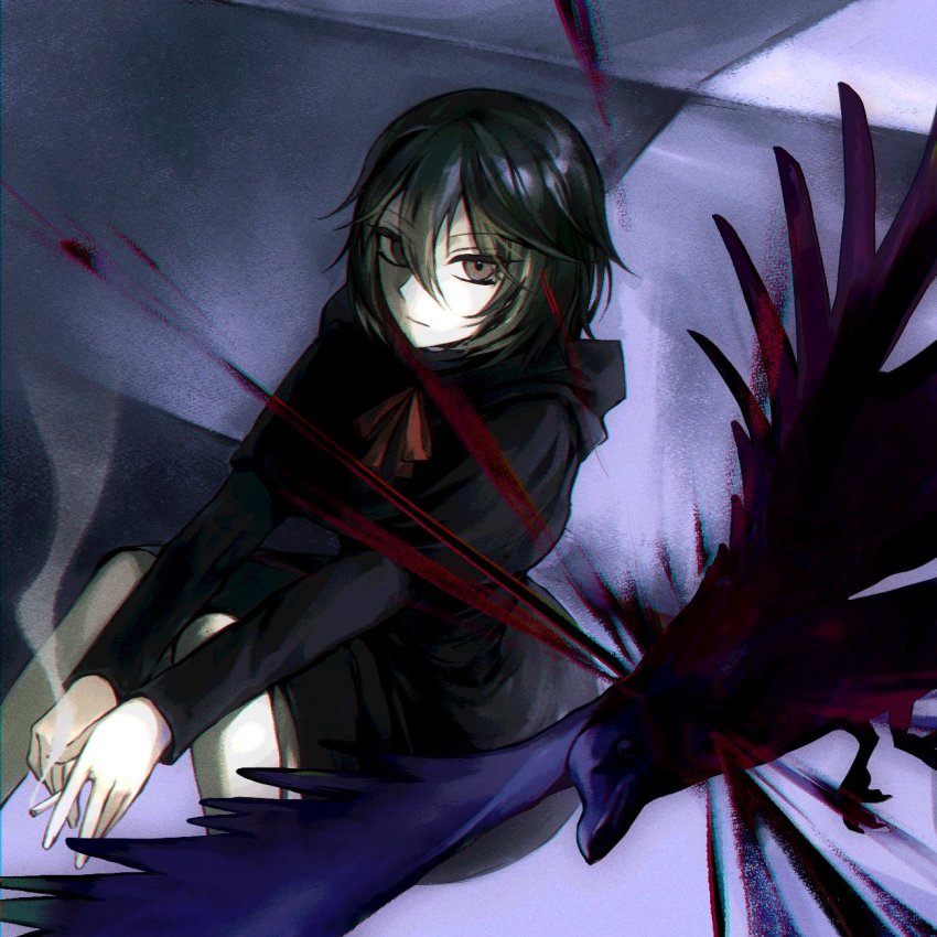 1girl, :|, bad_id, bad_twitter_id, bird, black_capelet, black_dress, black_hair