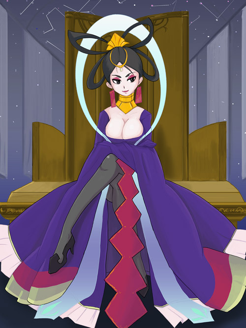 00s, 1girl, black_hair, black_pantyhose, breasts, capcom, cleavage, crossed_legs, dr._vega_(mega_man), dress, female_focus, japanese_clothes, kimono, large_breasts, mega_man_(series), mega_man_star_force_(series), mega_man_star_force_2, pantyhose, sitting, smile, solo, standing