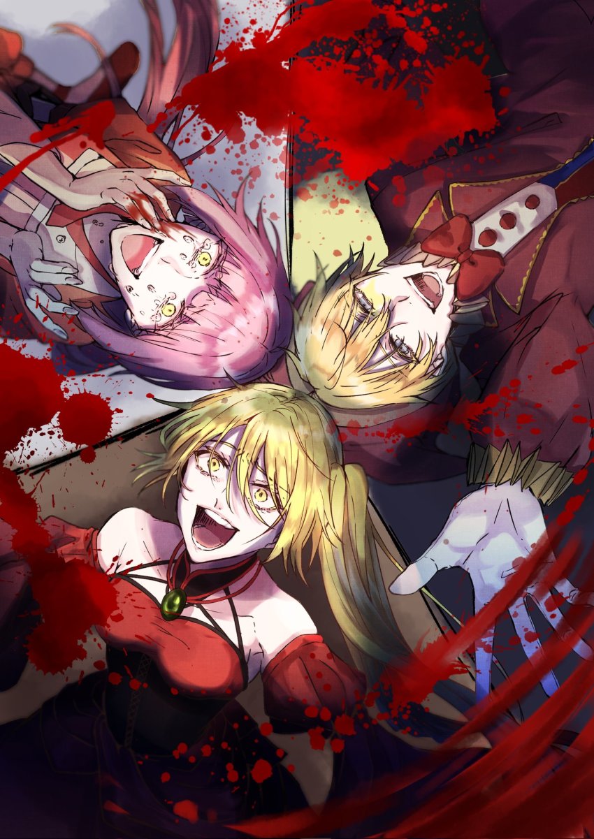 1boy, 2girls, akita_neru, banica_conchita, banica_conchita_(cosplay), bare_shoulders, blonde_hair, blood