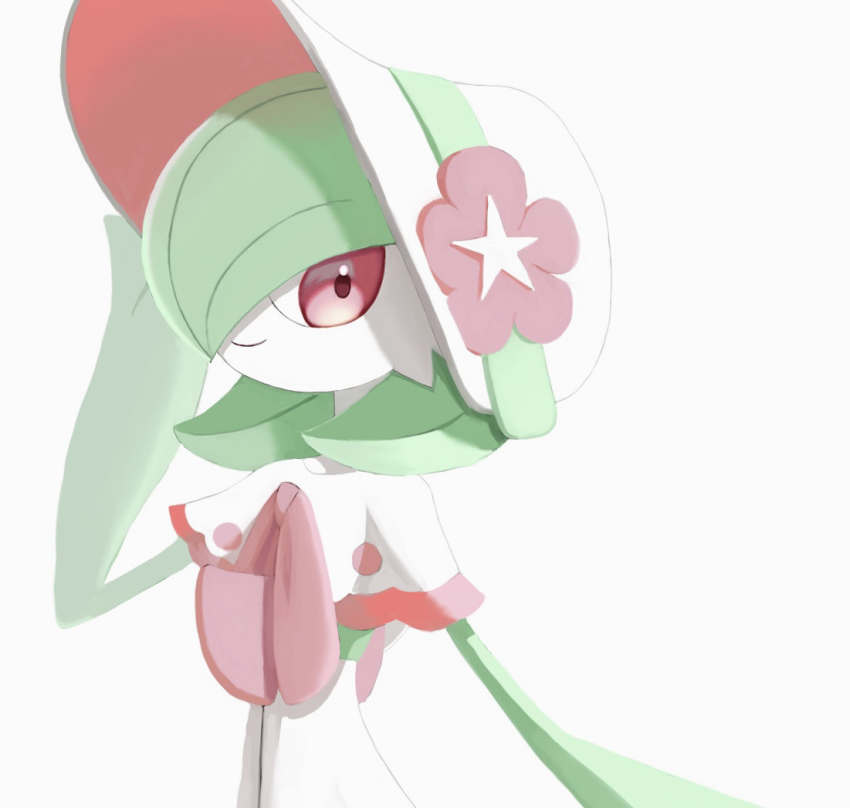 1girl, adjusting_clothes, adjusting_headwear, arm_up, bob_cut, bonnet, capelet, closed_mouth, clothed_pokemon, colored_skin, female_focus, flat_chest, flower, gardevoir, gardevoir_(fashionable), gen_3_pokemon, green_hair, green_skin, hair_over_one_eye, happy, hat, hat_flower, looking_at_viewer, mogu_(mogu_mogu_um), multicolored_skin, nintendo, one_eye_covered, pink_flower, pink_trim, pokemon, pokemon_(creature), pokemon_unite, red_eyes, short_hair, simple_background, smile, solo, two-tone_skin, upper_body, white_background, white_capelet, white_hat, white_skin