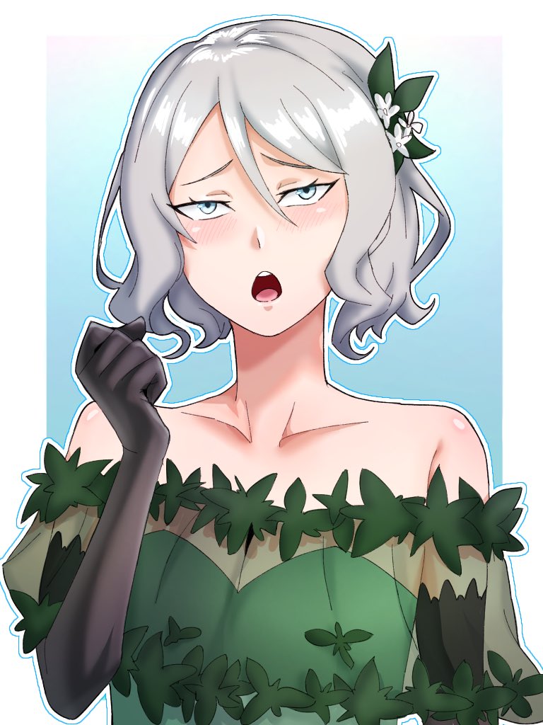 1boy, antena_sasaru, blush, crossdressing, crossdressing_(mtf), dress, green_dress, grey_eyes, grey_hair, hair_ornament, looking_at_viewer, open_mouth, otto_suewen, re:zero_kara_hajimeru_isekai_seikatsu, elbow_gloves, strapless, strapless_dress, trap