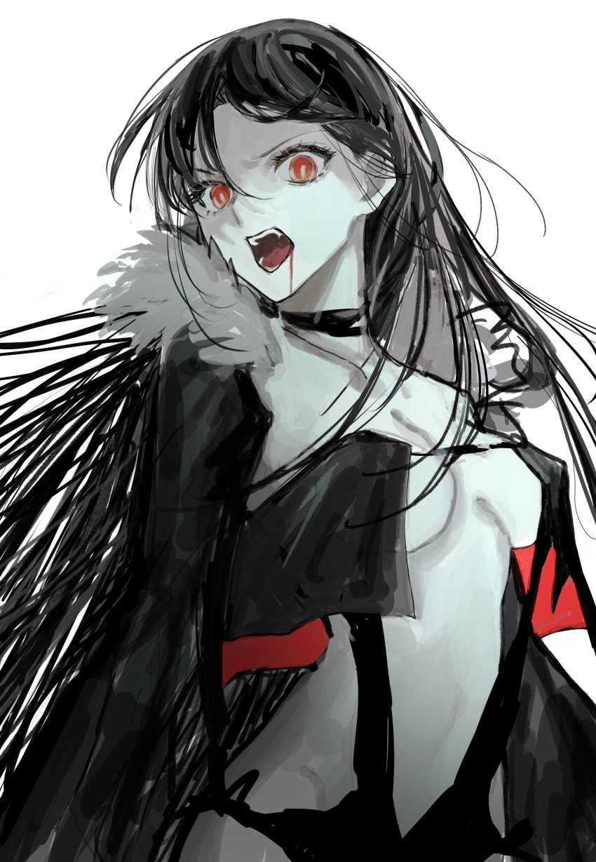 1girl, absurdres, black_hair, blood, blood_on_face, breasts, choker, collarbone