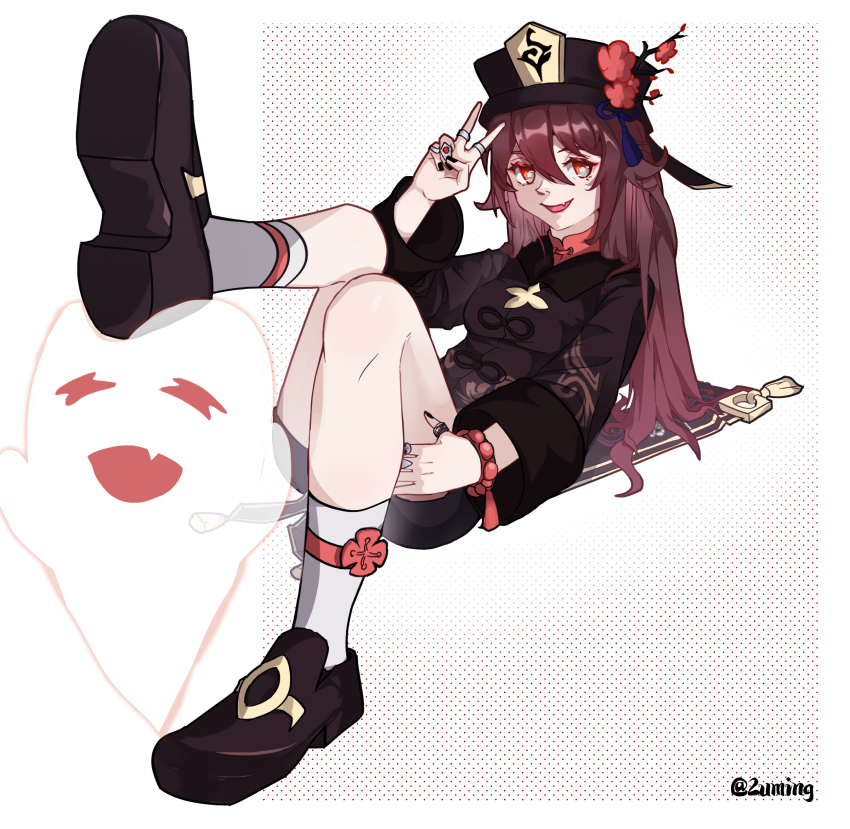 1girl, brown_hair, coat, fang, flower, flower-shaped_pupils, full_body, genshin_impact