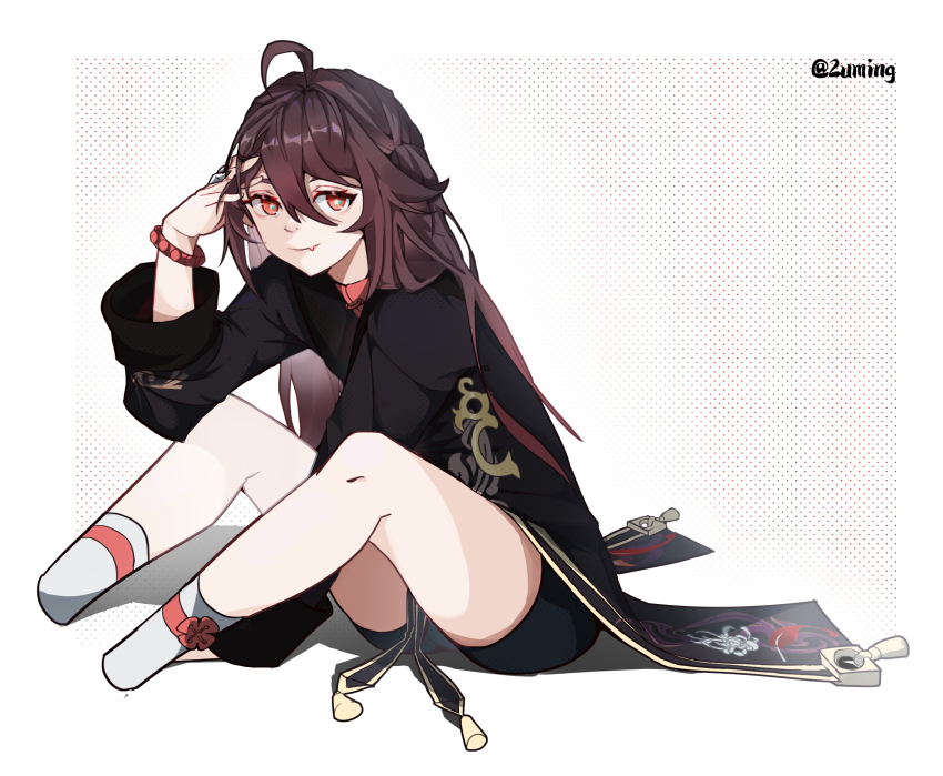 1girl, ahoge, brown_hair, coat, coattails, fang, flower-shaped_pupils, genshin_impact