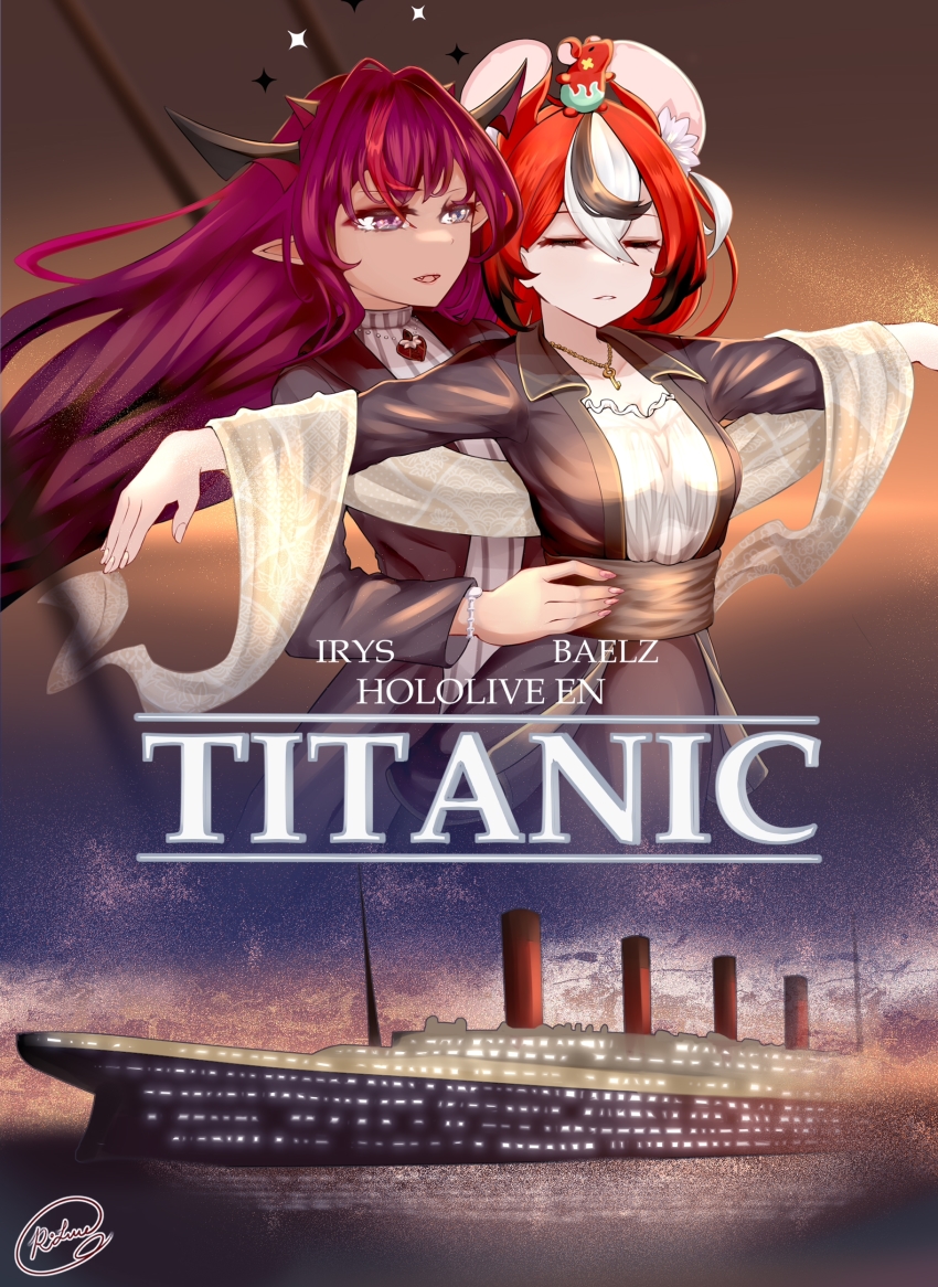 2girls, absurdres, animal_ears, black_hair, blue_eyes, boat, commentary_request, cruise_ship