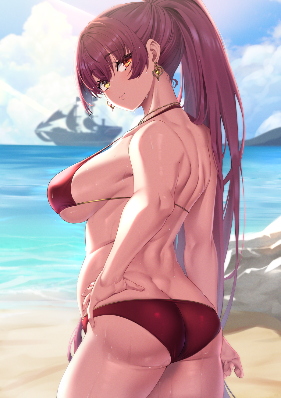 1girl, ass, back, bad_id, bad_plurk_id, beach, bikini, blush