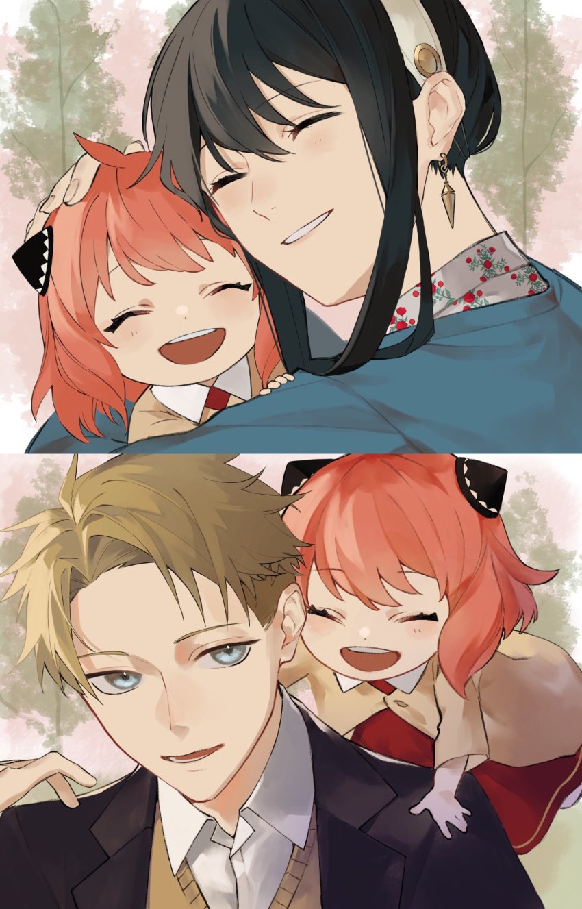 1boy, 2girls, anya_(spy_x_family), black_hair, black_jacket, blonde_hair, blue_eyes, blush, child, closed_eyes, collared_shirt, commentary_request, dress, earrings, hair_ornament, hair_over_shoulder, hairband, hairpods, hand_on_another's_head, highres, hug, jacket, jewelry, kichi_owo, multiple_girls, open_mouth, pink_hair, red_dress, shirt, short_hair, smile, spy_x_family, tree, twilight_(spy_x_family), white_hairband, white_shirt, yor_briar