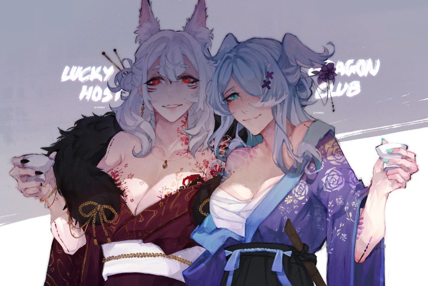 2girls, alt_text, animal_ears, aqua_nails, arm_tattoo, black_nails, black_skirt, blue_eyes, blue_hair, blush, breasts, chest_tattoo, cleavage, cup, dragon_girl, drinking, drunk, elira_pendora, english_text, extra_ears, eyelashes, eyeliner, eyeshadow, facial_mark, fang, floral_print, forehead_mark, fox_ears, fox_girl, fox_tail, fur-trimmed_kimono, fur_trim, furisode, grey_hair, hadanugi_dousa, hair_ornament, hair_over_one_eye, head_wings, highres, hikimayu, japanese_clothes, katana, kimono, koshirae, large_breasts, long_hair, looking_at_viewer, lun_ah, makeup, mature_female, medium_hair, mole, mole_under_eye, multiple_girls, multiple_tails, nail_polish, neck_tattoo, nijisanji, nijisanji_en, nina_kosaka, obi, one_eye_covered, open_clothes, open_kimono, purple_kimono, red_eyeliner, red_eyes, red_eyeshadow, red_kimono, sakazuki, sarashi, sash, shadow, short_eyebrows, shoulder_tattoo, signature, skin_fang, skirt, smile, sword, tail, tattoo, virtual_youtuber, weapon, white_background, wings, x_hair_ornament