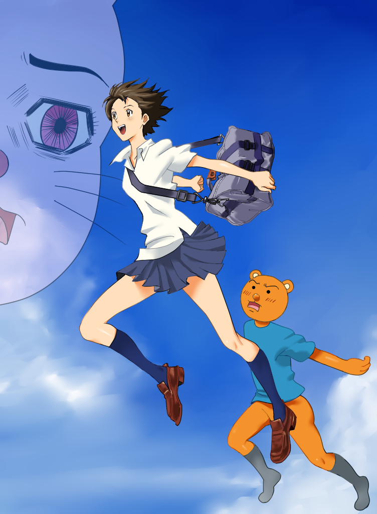 1girl, bag, black_hair, bottomless, cloud, crossover, day, gag_manga_biyori, konno_makoto, kumakichi_(character), legs, moljib, parody, projected_inset, school_uniform, short_hair, sky, toki_wo_kakeru_shoujo, usami-chan