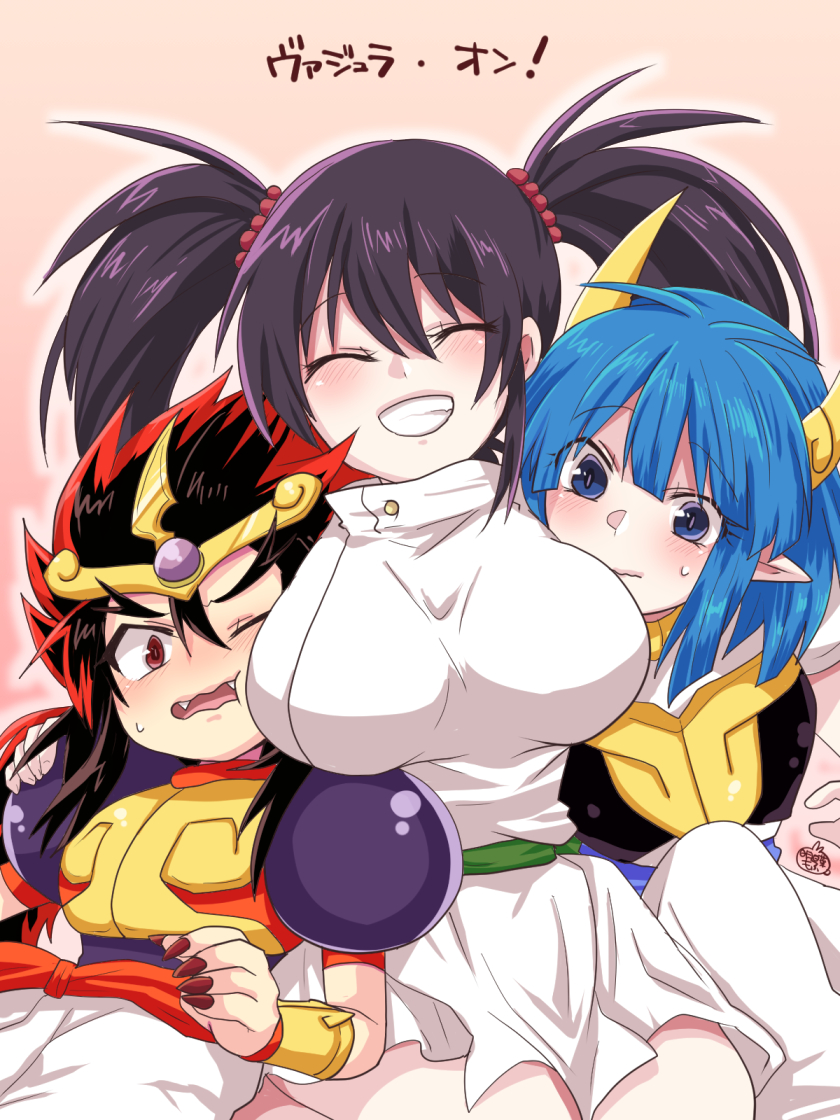 1girl, 2boys, alternate_breast_size, artist_request, bare_legs, black_hair, blue_hair, blush