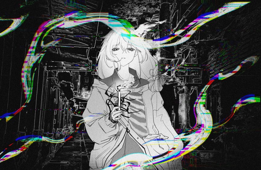 1boy, black_background, breastless_clothes, candle, collared_shirt, doku_kobuko, glitch, greyscale, hair_between_eyes, hair_bun, highres, holding, holding_candle, holostars, jacket, long_hair, long_sleeves, looking_at_viewer, low-tied_long_hair, male_focus, minase_rio, monochrome, open_collar, parted_lips, shirt, skeleton_print, sleeves_past_wrists, solo, spot_color, straight-on, upper_body, virtual_youtuber