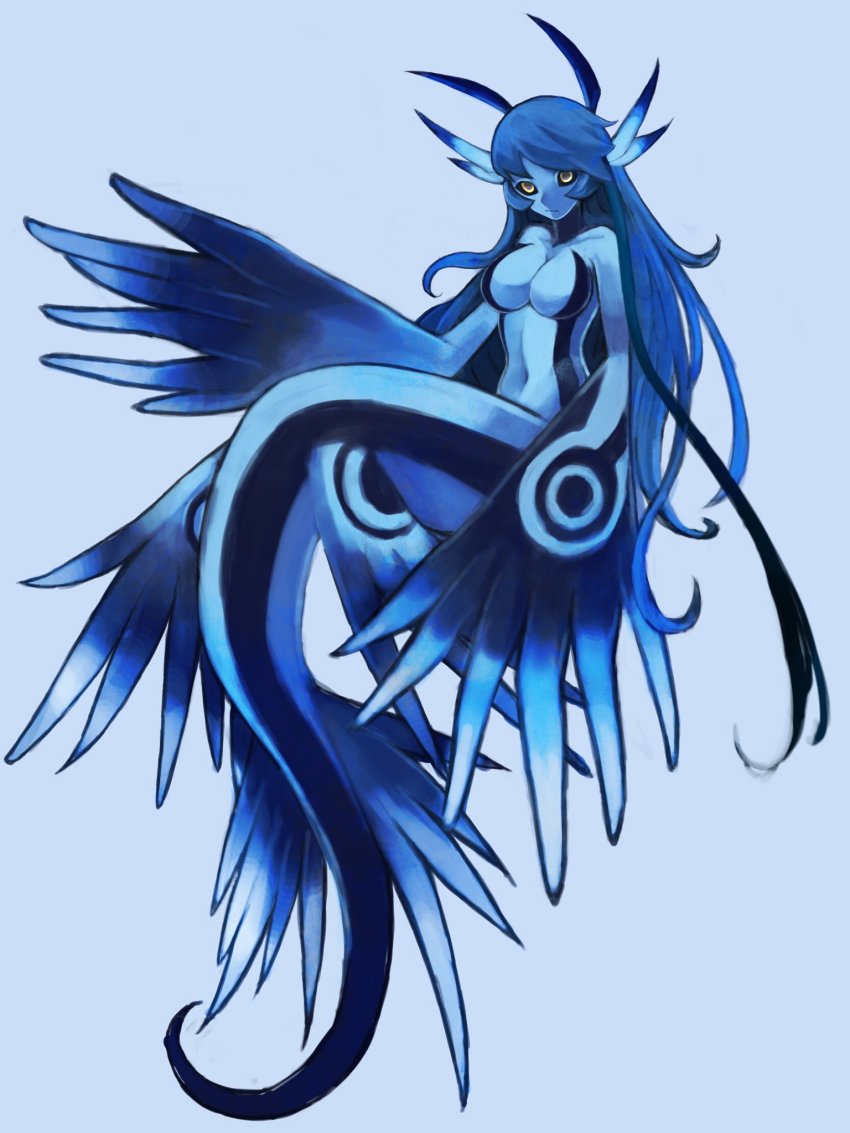 1girl, antennae, black_sclera, blue_background, blue_hair, blue_pupils, blue_skin, colored_sclera