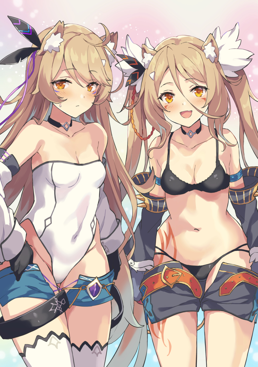 2girls, :d, ahoge, animal_ear_fluff, animal_ears, armband, bare_shoulders, belt, black_bra, black_gloves, black_panties, black_shorts, blue_shorts, blush, body_markings, bra, breasts, brown_hair, choker, cleavage, clothes_pull, collarbone, commentary, covered_navel, detached_sleeves, facial_mark, fang, gloves, gradient_background, groin, hair_between_eyes, hair_ornament, highleg, highleg_leotard, highres, leone_(sennen_sensou_aigis), leotard, lev_(sennen_sensou_aigis), long_hair, looking_at_viewer, micro_shorts, multiple_girls, navel, open_belt, open_clothes, open_mouth, open_shorts, orange_eyes, panties, pulling_own_clothes, rasahan, sennen_sensou_aigis, shorts, shorts_pull, siblings, sisters, small_breasts, smile, standing, stomach, strapless, strapless_leotard, sweatdrop, thighhighs, thighs, underwear, very_long_hair, white_legwear, white_leotard