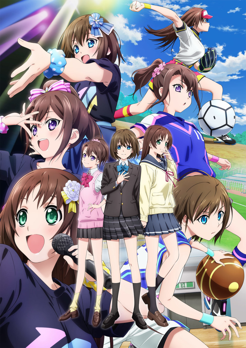 3girls, :d, ball, baseball, baseball_uniform, basketball, basketball_(object), basketball_uniform