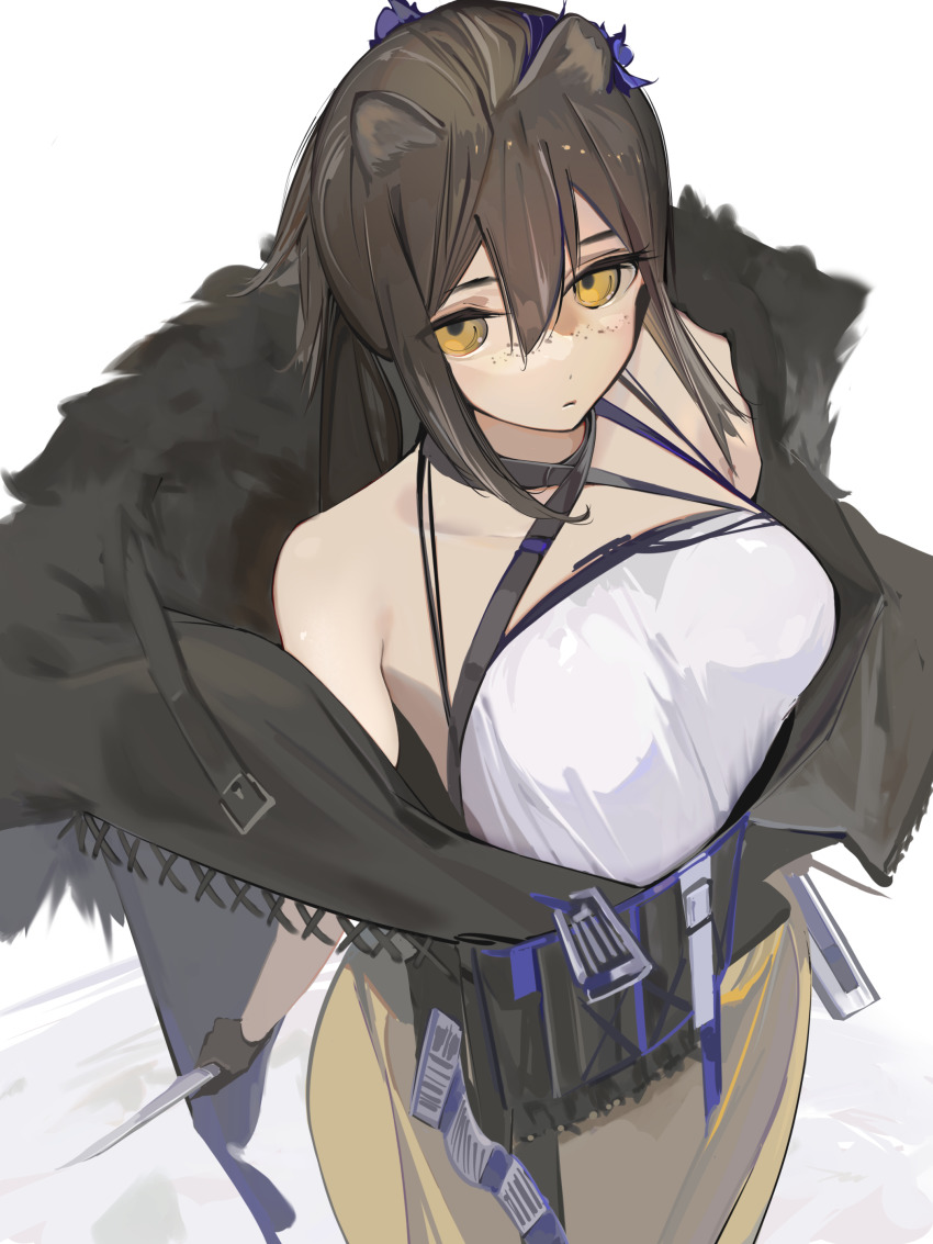 1girl, absurdres, animal_ears, arknights, bare_shoulders, black_jacket, brown_hair, commentary