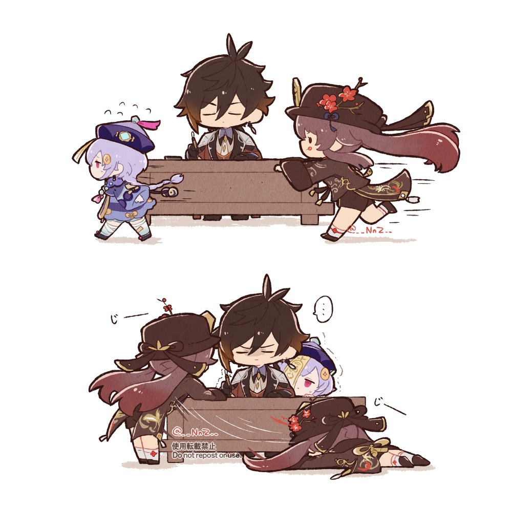 ..., 1boy, 2girls, bare_legs, bead_necklace, beads, black_gloves, black_hair, black_headwear, black_shorts, braid, braided_ponytail, brown_hair, chasing, chinese_clothes, coat, coattails, collared_coat, collared_shirt, earrings, flower, formal_clothes, genshin_impact, gloves, gradient_hair, hair_between_eyes, hair_ornament, hat, hat_flower, hat_ornament, hiding, hu_tao_(genshin_impact), jacket, jewelry, jiangshi, long_hair, long_sleeves, lying, multicolored_hair, multiple_girls, necklace, necktie, nnz, ofuda, on_stomach, outstretched_arms, plum_blossoms, porkpie_hat, purple_eyes, purple_hair, purple_headwear, qingdai_guanmao, qiqi_(genshin_impact), running, shirt, shorts, single_earring, sitting, suit, table, tailcoat, tassel, tassel_earrings, thighhighs, tongue, tongue_out, twintails, twitter_username, vest, white_legwear, wide_sleeves, zhongli_(genshin_impact)