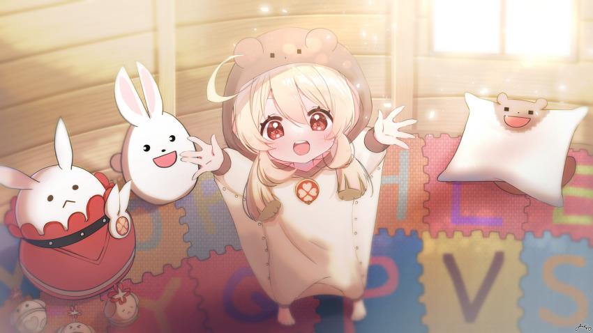 1girl, :d, alternate_costume, arms_up, blurry, commentary_request, depth_of_field, flying_squirrel, flying_squirrel_costume, from_above, full_body, genshin_impact, hair_between_eyes, highres, jumpy_dumpty, klee_(genshin_impact), light_brown_hair, lily_anke, long_hair, long_sleeves, looking_at_viewer, looking_up, low_twintails, open_mouth, orange_eyes, outstretched_arms, reaching, reaching_towards_viewer, sidelocks, smile, solo, spread_arms, squirrel, stuffed_animal, stuffed_rabbit, stuffed_toy, sunlight, twintails, window