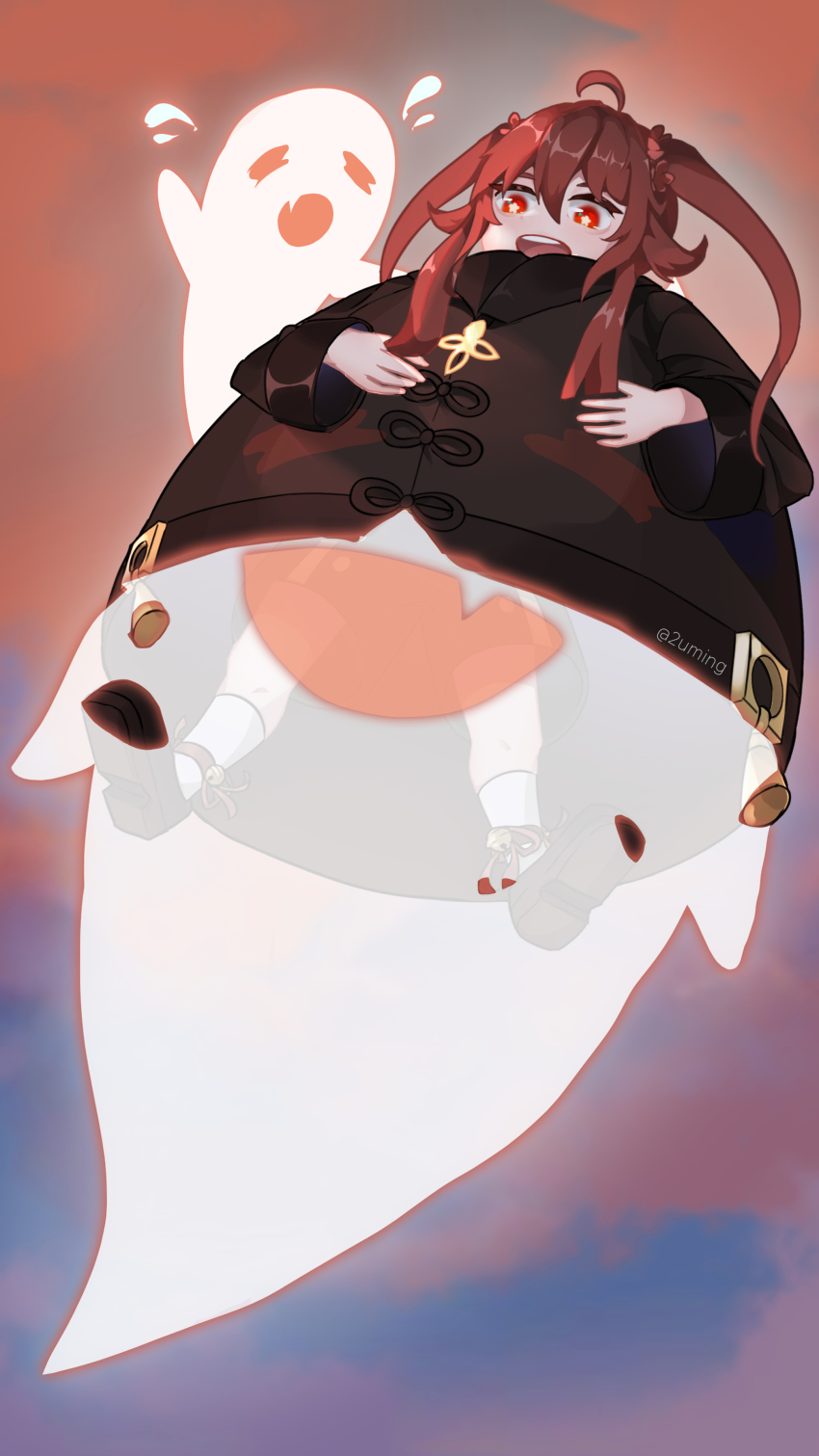 1girl, absurdres, brown_hair, chinese_clothes, coat, flower, flower-shaped_pupils, full_body