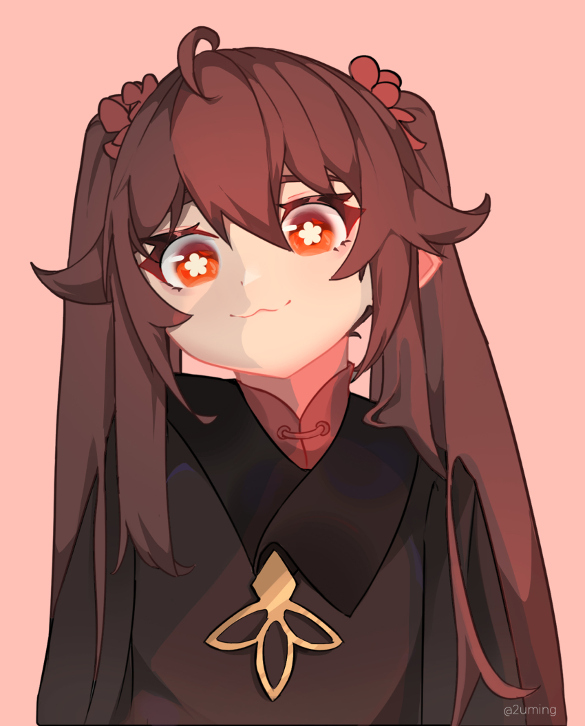 1girl, :3, brown_hair, chinese_clothes, coat, flower-shaped_pupils, genshin_impact, highres, hu_tao_(genshin_impact), looking_at_viewer, red_eyes, simple_background, so_ming, symbol-shaped_pupils