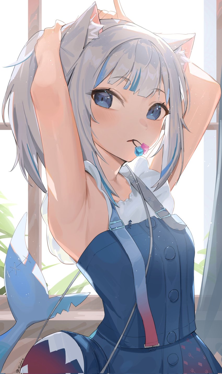 1girl, absurdres, animal_ears, armpits, blue_eyes, blue_hair, cat_ears, curtains