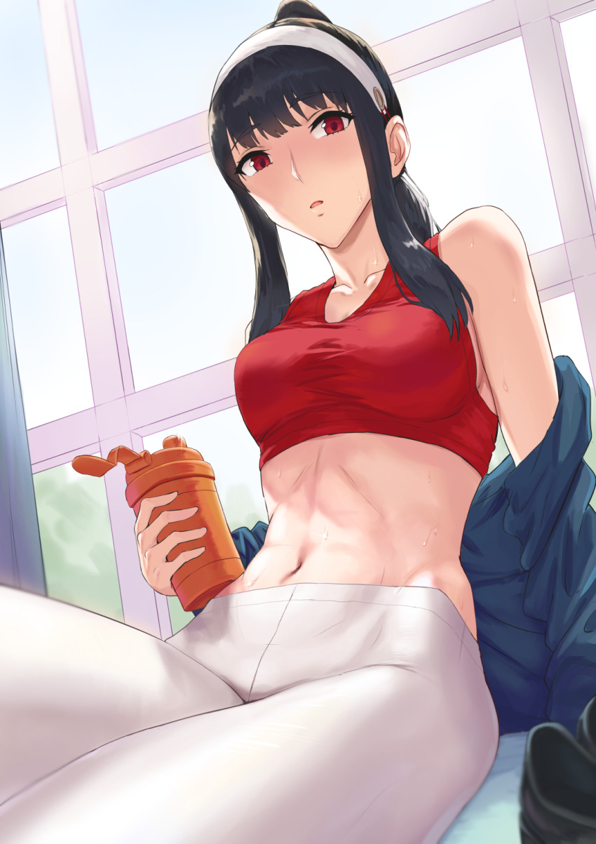 1girl, abs, bare_shoulders, black_hair, blue_jacket, blush, bottle, breasts