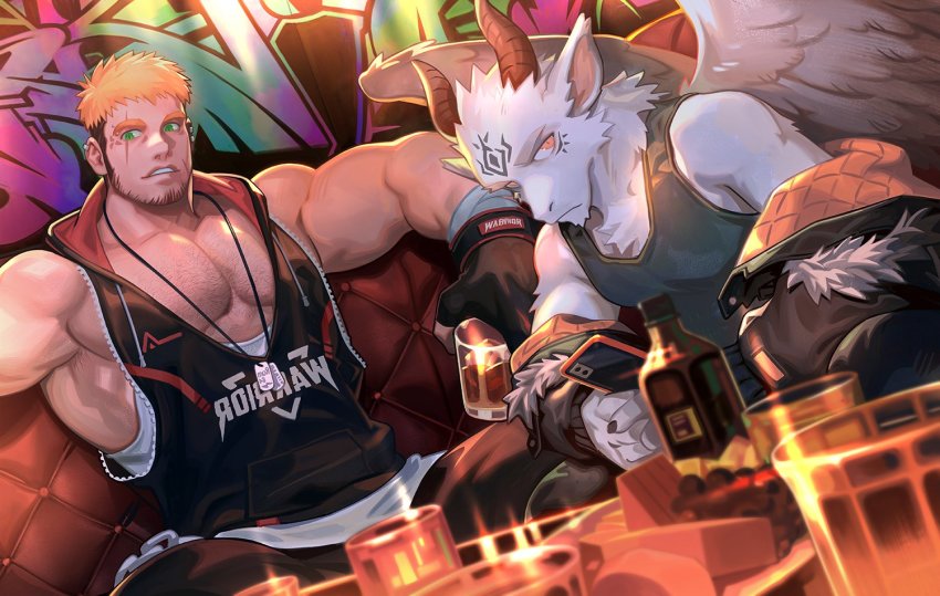 2boys, alcohol, armpits, bara, black_hoodie, black_jacket, black_pants, black_tank_top