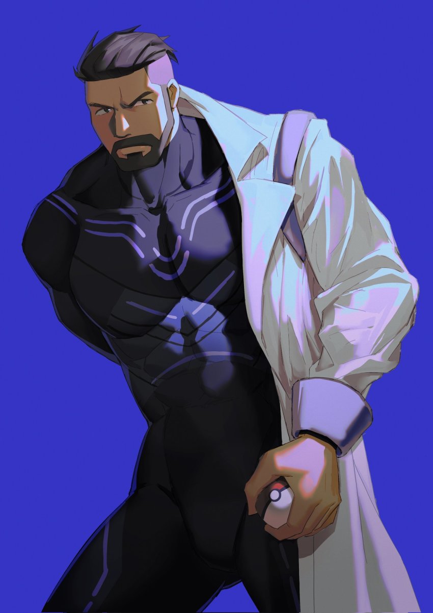 1boy, bara, beard, black_bodysuit, bodysuit, coat, facial_hair, highres