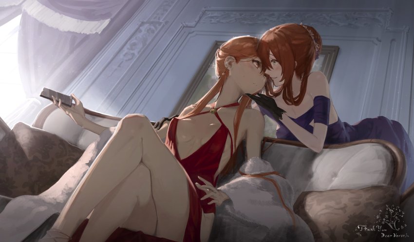 2girls, bare_legs, bare_shoulders, bent_over, blue_dress, blush, breasts, breasts_apart