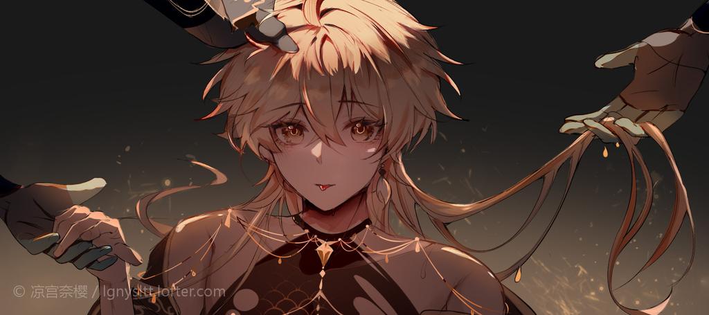 2boys, aether_(genshin_impact), androgynous, blonde_hair, detached_sleeves, disembodied_hand, genshin_impact, gradient_background