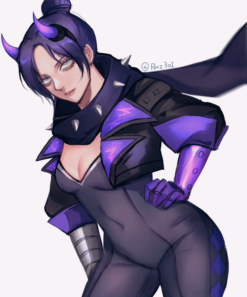 1girl, apex_legends, black_hair, black_jacket, breasts, cleavage, cosplay, covered_navel, cropped_jacket, cyber_punked_wattson, grey_eyes, hair_behind_ear, hair_bun, hand_on_own_hip, horns, jacket, leaning_forward, mechanical_arms, medium_breasts, purple_hair, purple_scarf, scarf, single_mechanical_arm, spikes, tama_(ponz3o1), wattson_(apex_legends), wattson_(apex_legends)_(cosplay), wraith_(apex_legends)