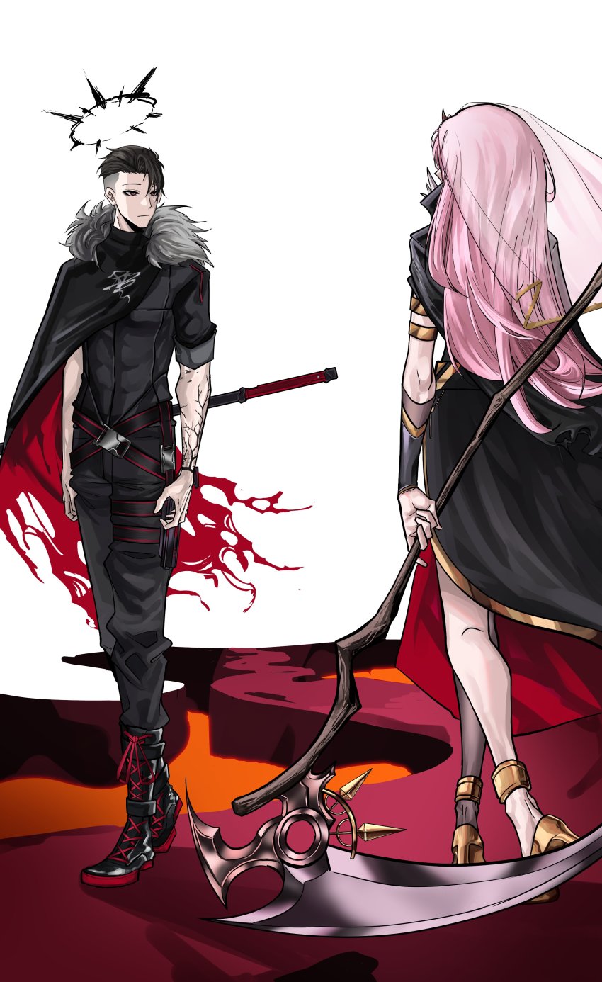 1boy, 1girl, absurdres, belt, black_belt, black_cape, black_dress, black_footwear