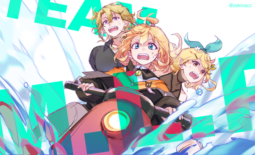 1boy, 2girls, ahoge, bell, black_cat, black_coat, black_headwear, black_shirt, blonde_hair, bob_cut, brown_eyes, cardigan, cat, coat, dress_shirt, fairy, fairy_wings, green_eyes, green_ribbon, hair_ornament, hair_ribbon, hairclip, halterneck, highres, jingle_bell, long_hair, long_sleeves, looking_afar, luca_kaneshiro, lucie_(millie_parfait), mafia, millie_parfait, mlp_(nijisanji_en), motor_vehicle, motorcycle, multiple_girls, nijisanji, nijisanji_en, on_motorcycle, orange_cardigan, pants, pointy_ears, pomu_rainpuff, purple_eyes, ribbon, school_uniform, scooter, shirt, short_hair, short_side_ponytail, side_ponytail, teeth, virtual_youtuber, water, white_background, white_pants, white_shirt, wings, zekivacc