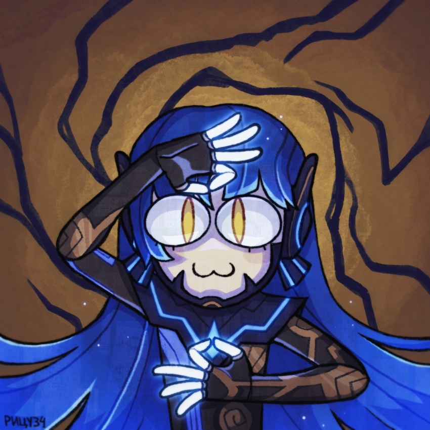 blue_hair, highres, mudra, nahobino, neco-arc, protagonist_(smtv), ritsu34, shin_megami_tensei, shin_megami_tensei_v