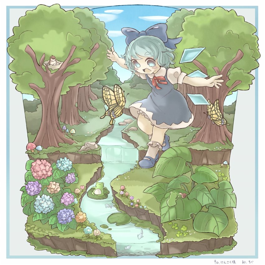 1girl, animal, bird, blue_bow, blue_dress, blue_eyes, blue_flower, blue_hair