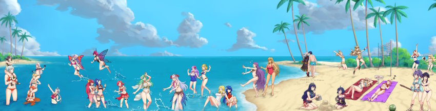 1boy, 6+girls, abs, annette_fantine_dominic, ball, barefoot, beach, beach_towel