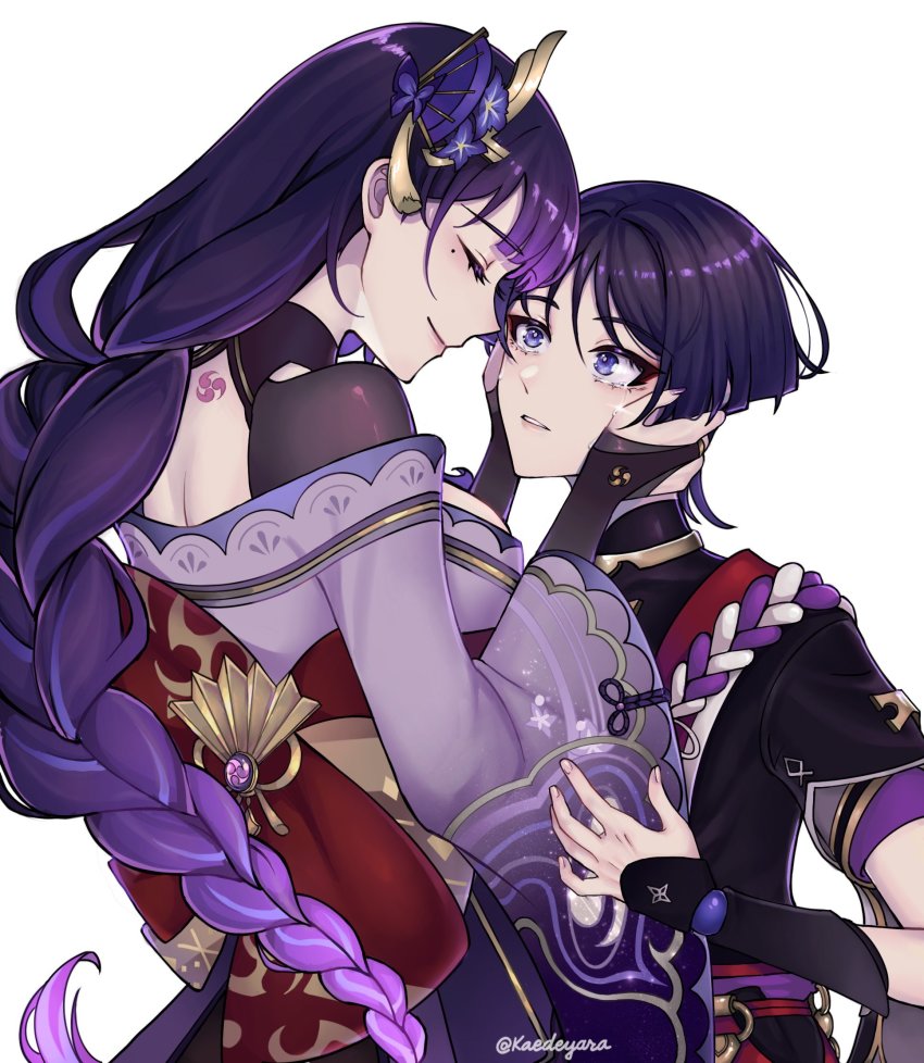 1boy, 1girl, blush, braid, bridal_gauntlets, closed_eyes, closed_mouth, crying, crying_with_eyes_open, eyelashes, eyeliner, fingernails, genshin_impact, hair_ornament, hands_on_another's_face, highres, hug, hug_from_behind, japanese_clothes, kaedeyara, long_hair, long_sleeves, looking_at_another, low-braided_long_hair, low-tied_long_hair, makeup, mitsudomoe_(shape), mole, mole_under_eye, mother_and_child, mother_and_son, nail_polish, nape, obi, obiage, obijime, parent_and_child, purple_eyes, purple_hair, purple_nails, raiden_shogun, red_eyeliner, sash, scaramouche_(genshin_impact), sidelocks, smile, tattoo, tears, tomoe_(symbol), twitter_username, very_long_hair, vision_(genshin_impact), wide_sleeves, ||/