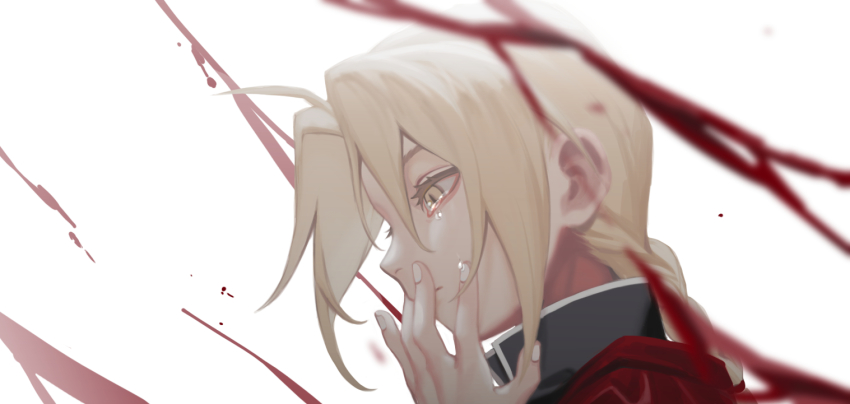 1boy, bizarre_rain, black_jacket, blonde_hair, blood, braid, braided_ponytail, cbow