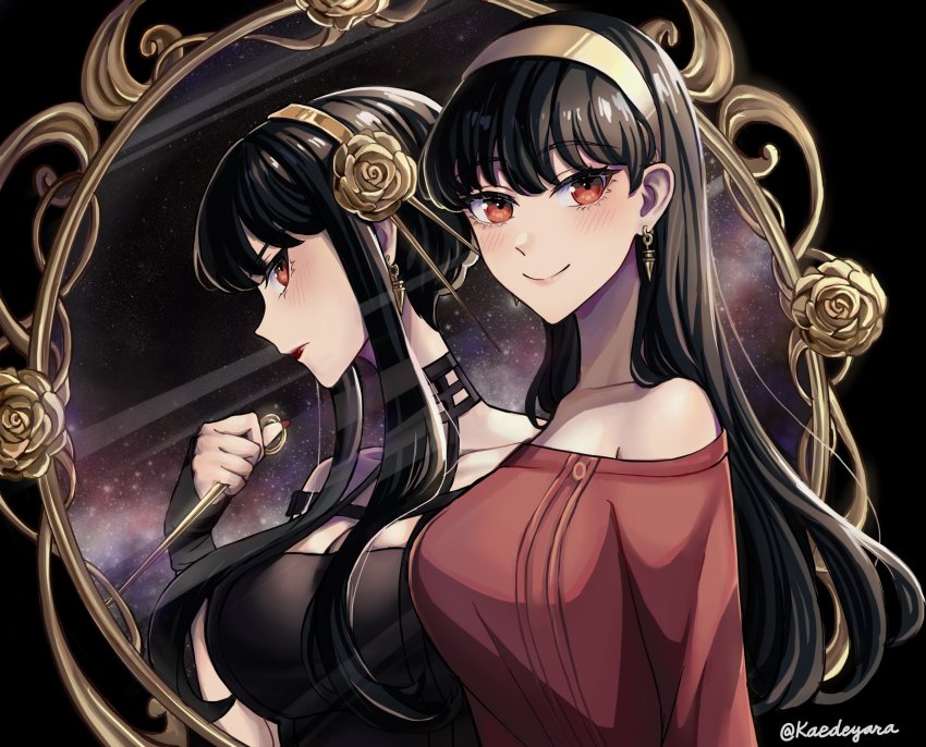 1girl, bare_shoulders, black_dress, black_gloves, black_hair, blush, breasts, cleavage