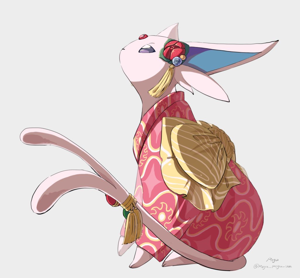 clothed_pokemon, commentary_request, espeon, espeon_(pokebuki), flower, forked_tail, from_side, gen_2_pokemon